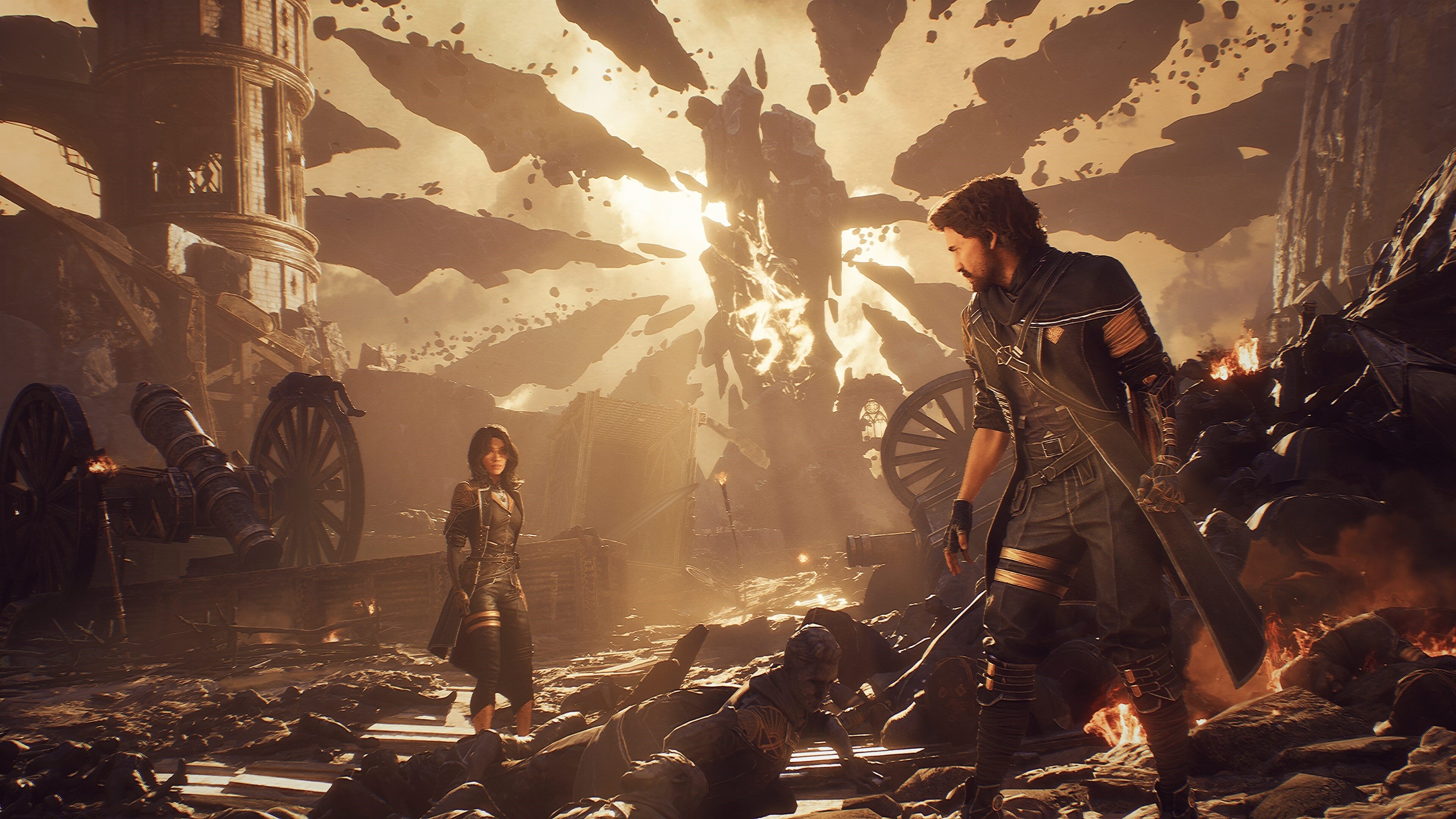 Dois personagens em meio a ruínas, com uma luz forte ao fundo.