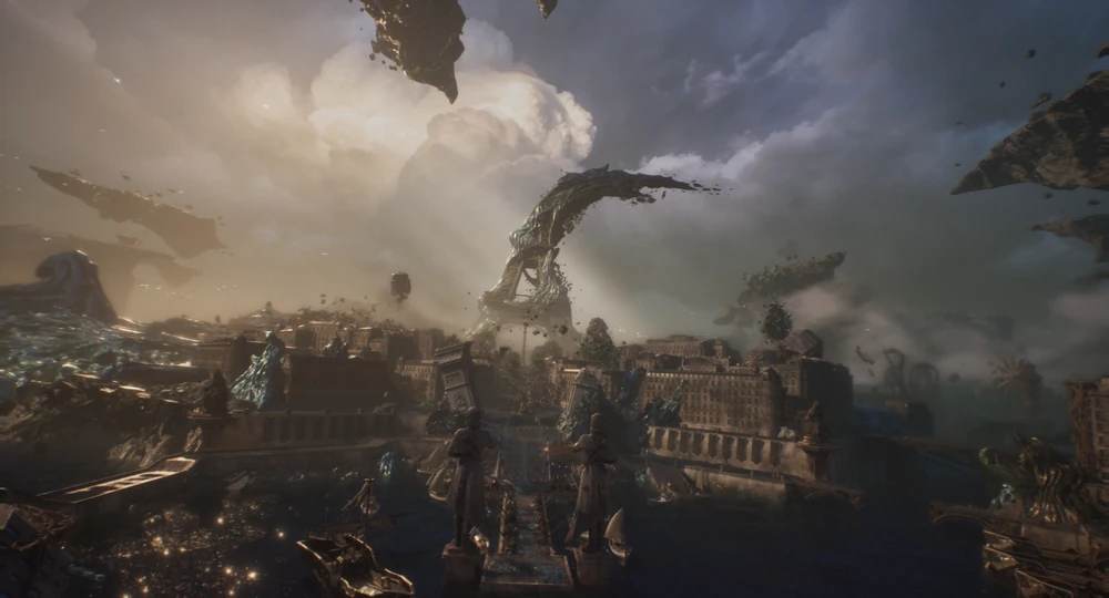 Paisagem de Lumière ao entardecer com iluminação dourada